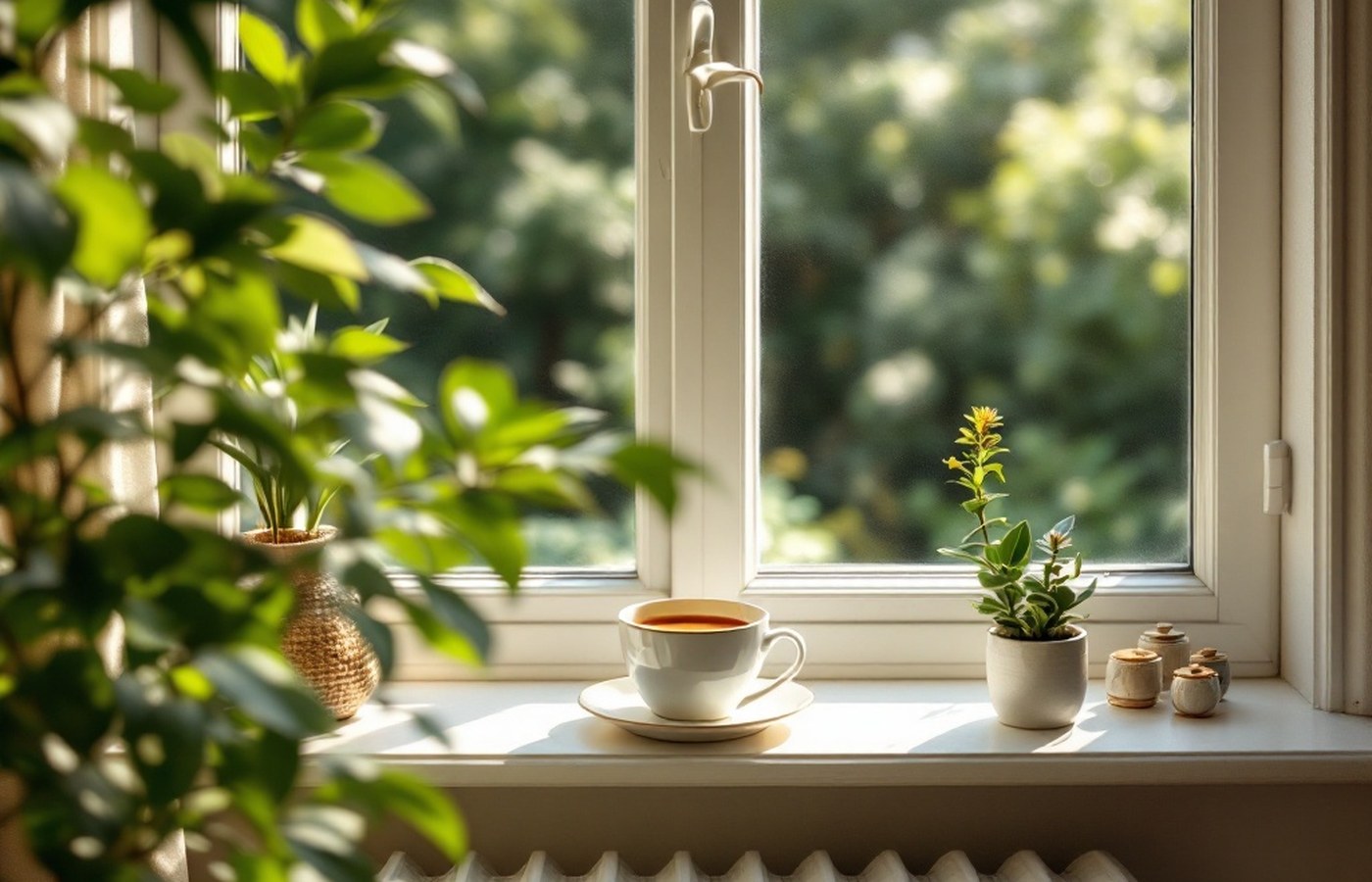 A mother taking a quiet, restful moment by a window
